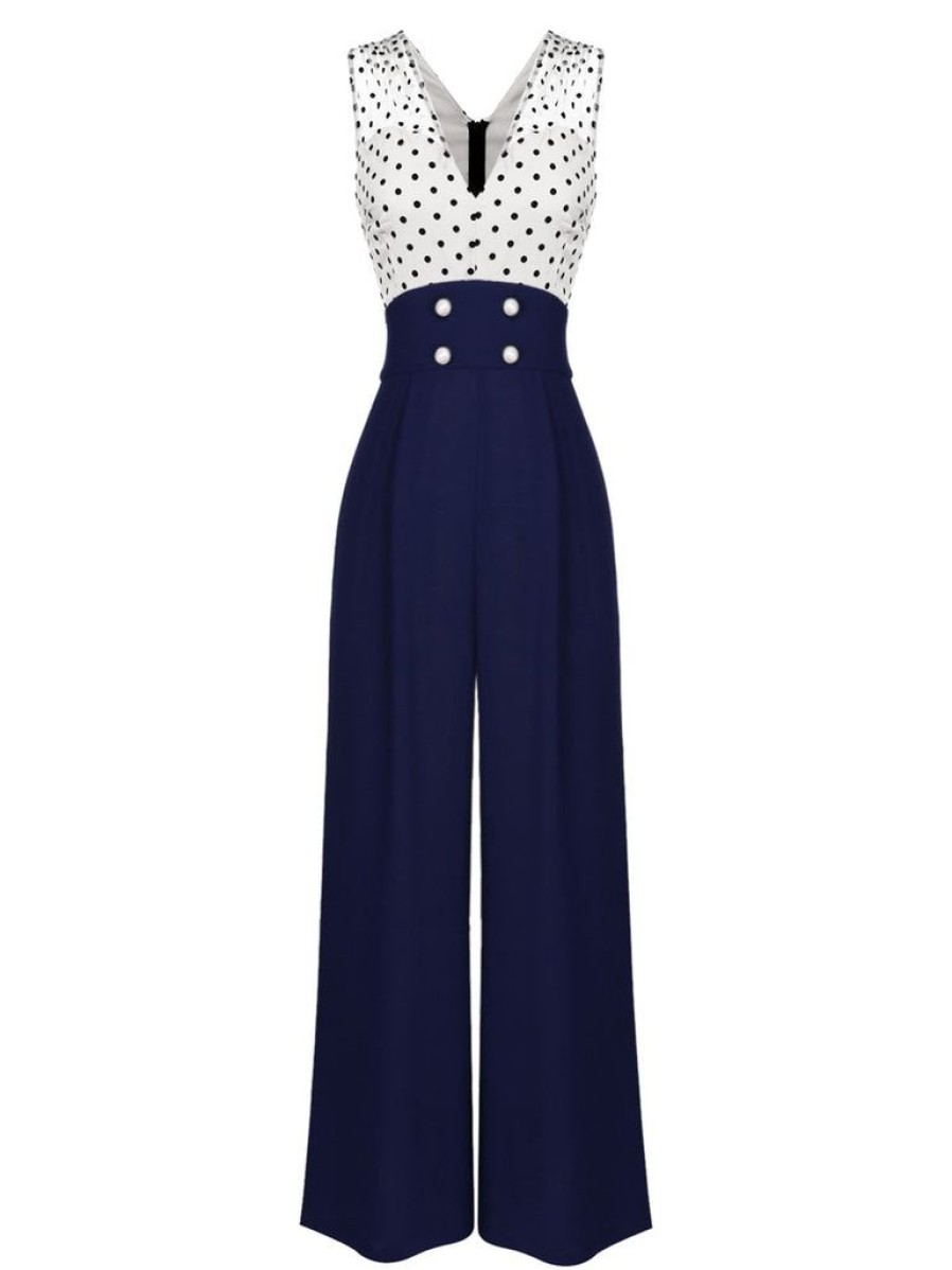 Clothing Retro Stage | 1930S Polka Dot Patchwork Button Jumpsuit Navy Blue