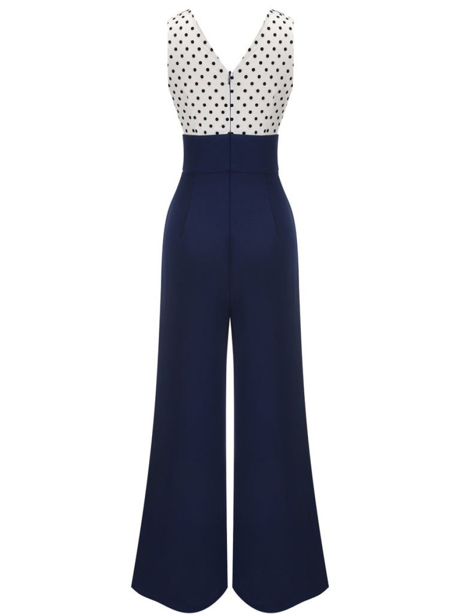 Clothing Retro Stage | 1930S Polka Dot Patchwork Button Jumpsuit Navy Blue