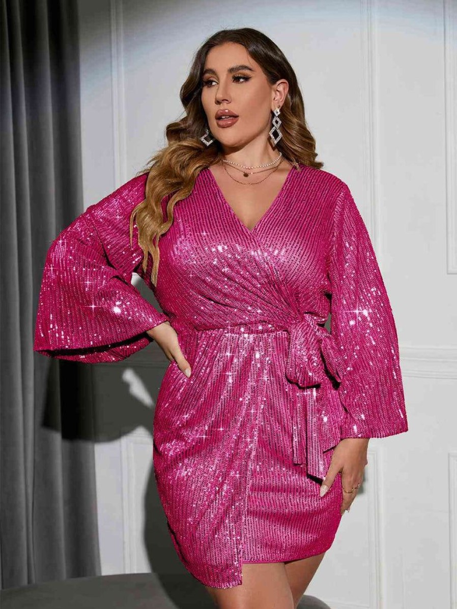 Clothing Retro Stage | [Plus Size] 1960S Sequined Flare Sleeve Solid Wrap Dress