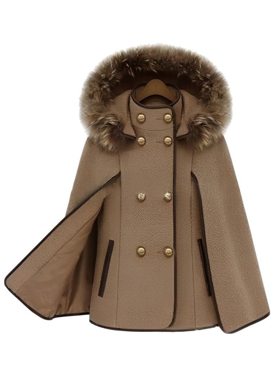 Clothing Retro Stage | 1940S Hooded Detachable Fur Collar Shawl Coat Brown