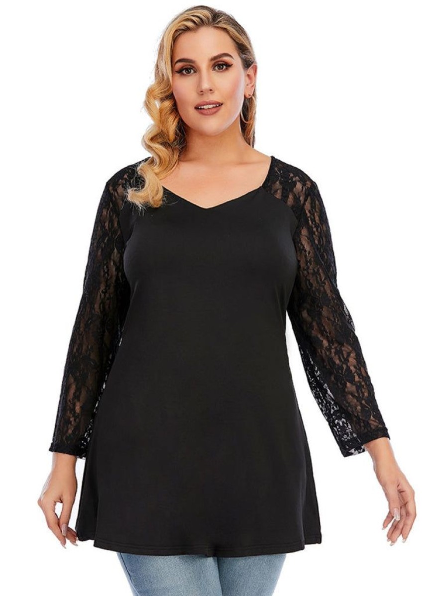 Clothing Retro Stage | [Plus Size] 1950S Solid Lace Patchwork Tunic Top Black