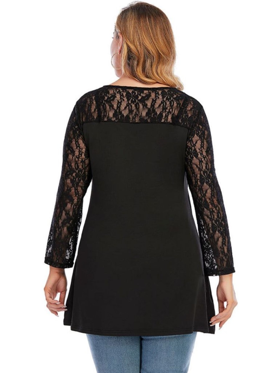 Clothing Retro Stage | [Plus Size] 1950S Solid Lace Patchwork Tunic Top Black