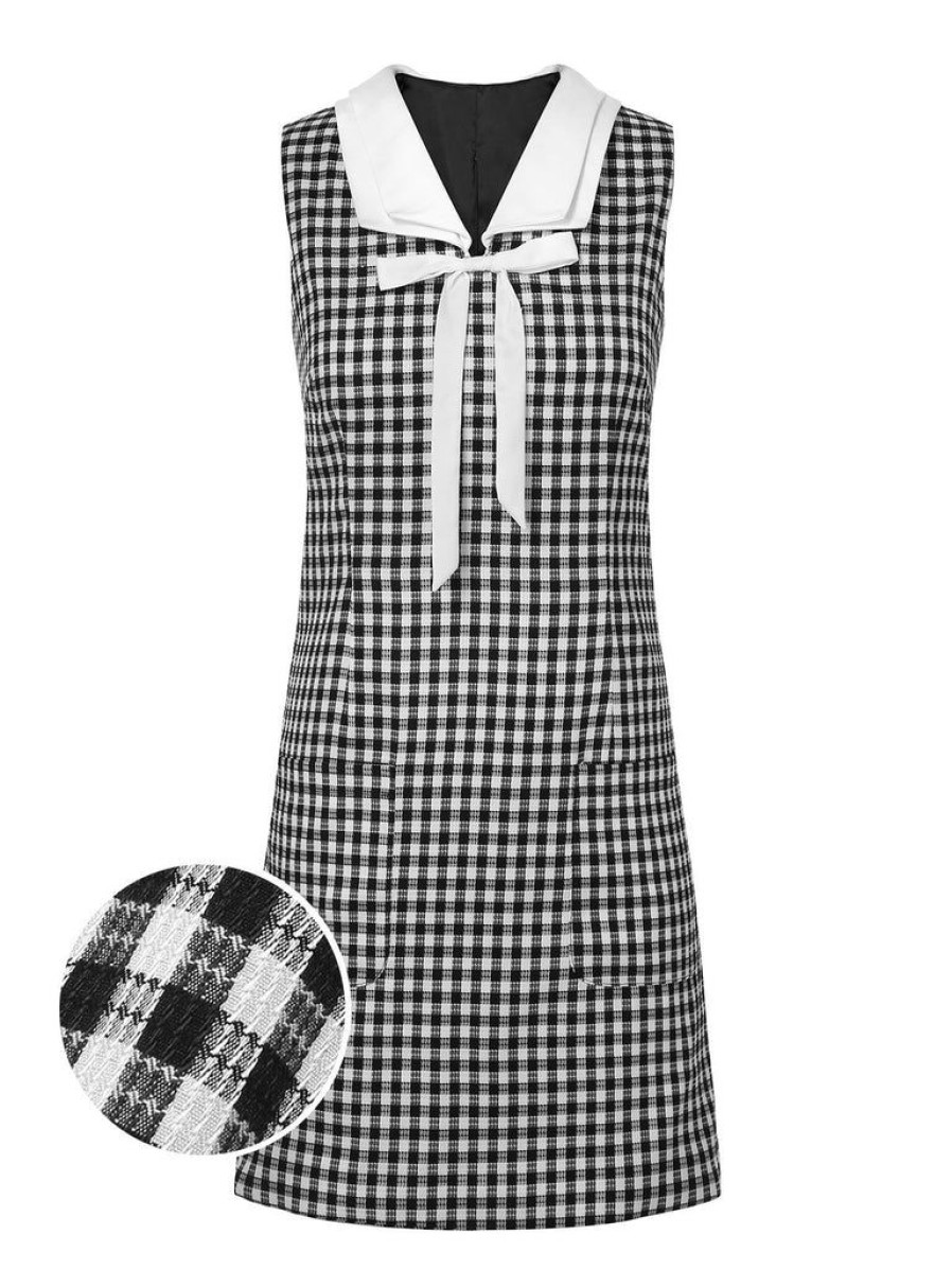 Clothing Retro Stage | 1960S Acetate Gingham Plaid Shift Dress Black