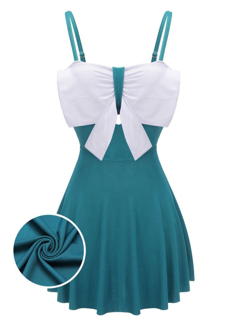 Clothing Retro Stage | 1930S Bow Halter One-Piece Swimsuit Blue