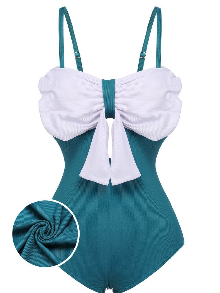 Clothing Retro Stage | 1930S Bow Halter One-Piece Swimsuit Blue