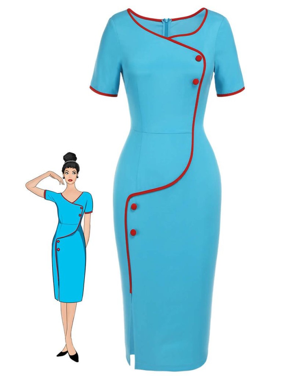 Clothing Retro Stage | [Pre-Sale] 1960S Button Pencil Dress Royal Blue & Red