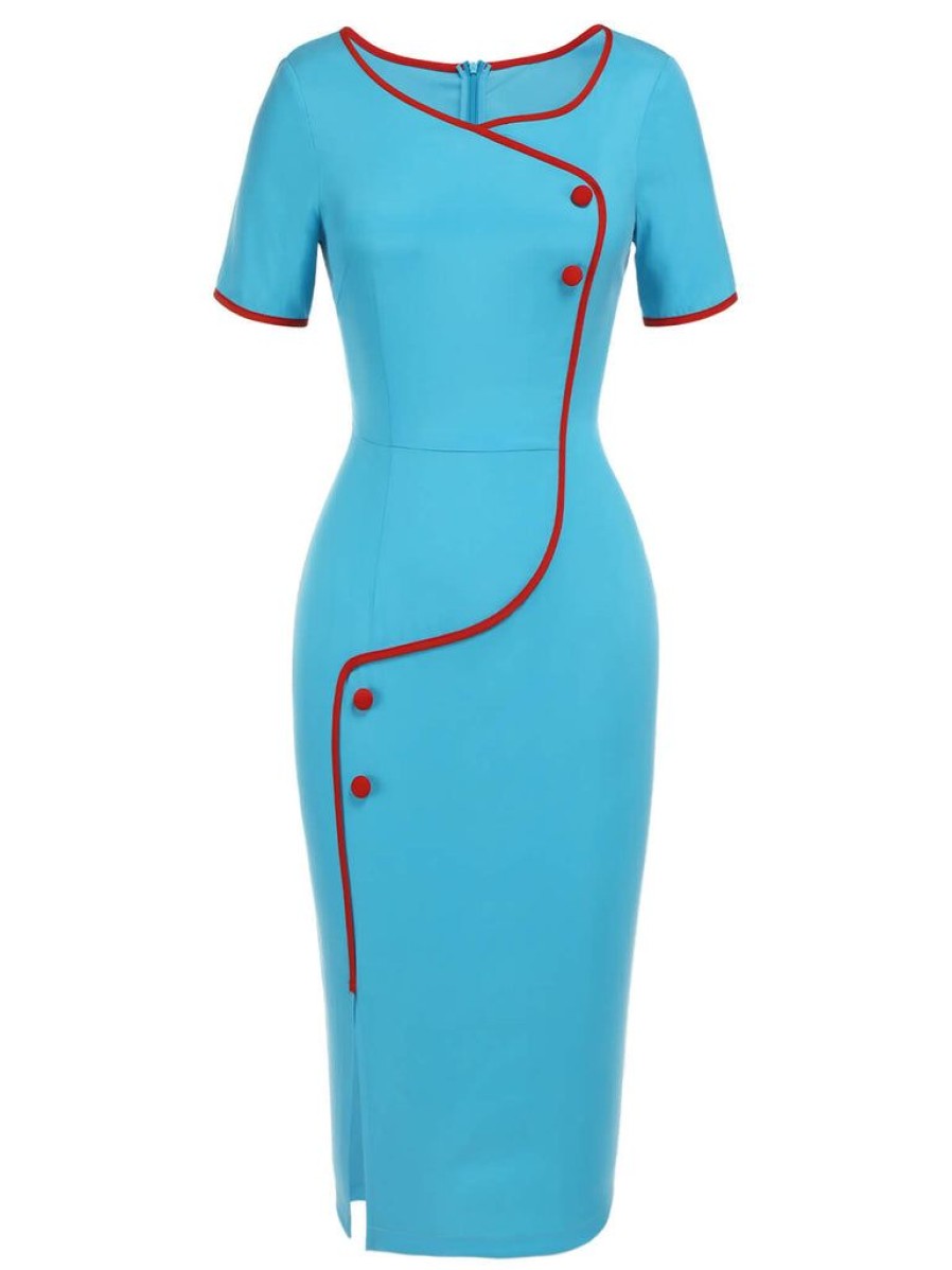 Clothing Retro Stage | [Pre-Sale] 1960S Button Pencil Dress Royal Blue & Red