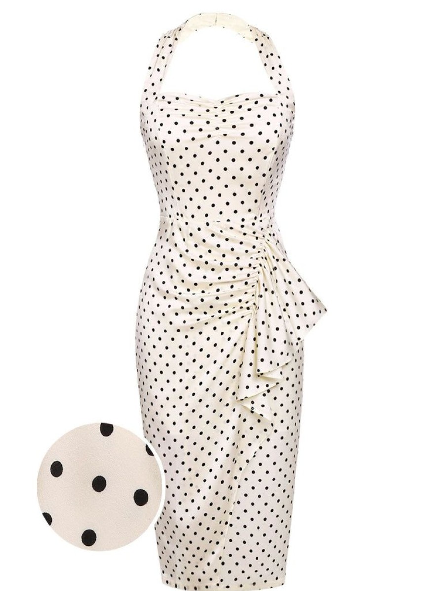 Clothing Retro Stage | 1960S Polka Dot Halter Pencil Dress Ivory