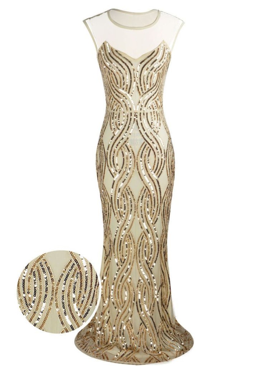 Clothing Retro Stage | 1920S Sequined Embellished Maxi Dress Apricot