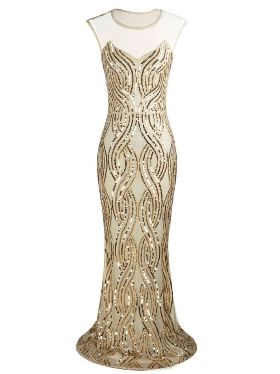 Clothing Retro Stage | 1920S Sequined Embellished Maxi Dress Apricot