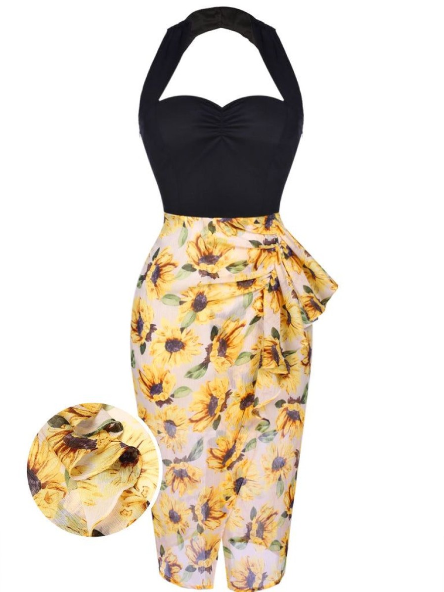 Clothing Retro Stage | Black 1960S Halter Sunflower Pencil Dress Yellow