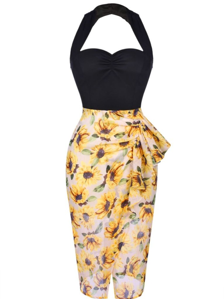 Clothing Retro Stage | Black 1960S Halter Sunflower Pencil Dress Yellow