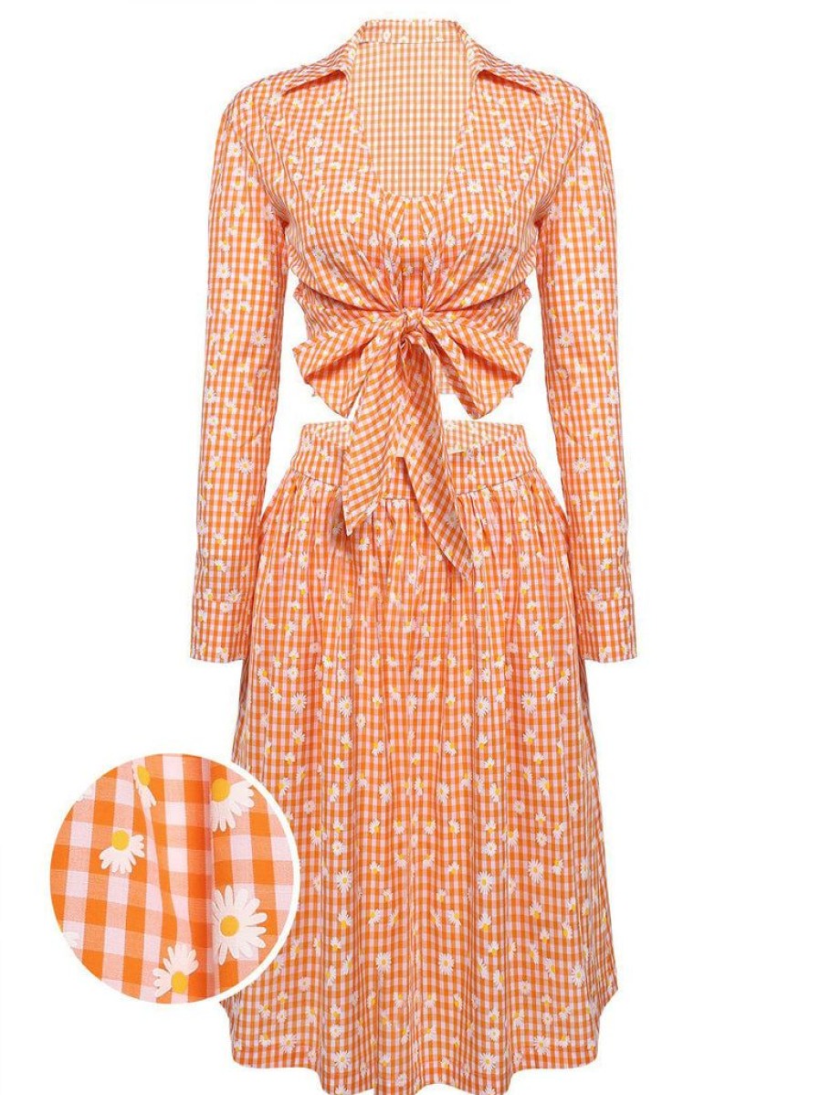 Clothing Retro Stage | 3Pcs 1950S Daisy Plaids Top & Skirt Orange