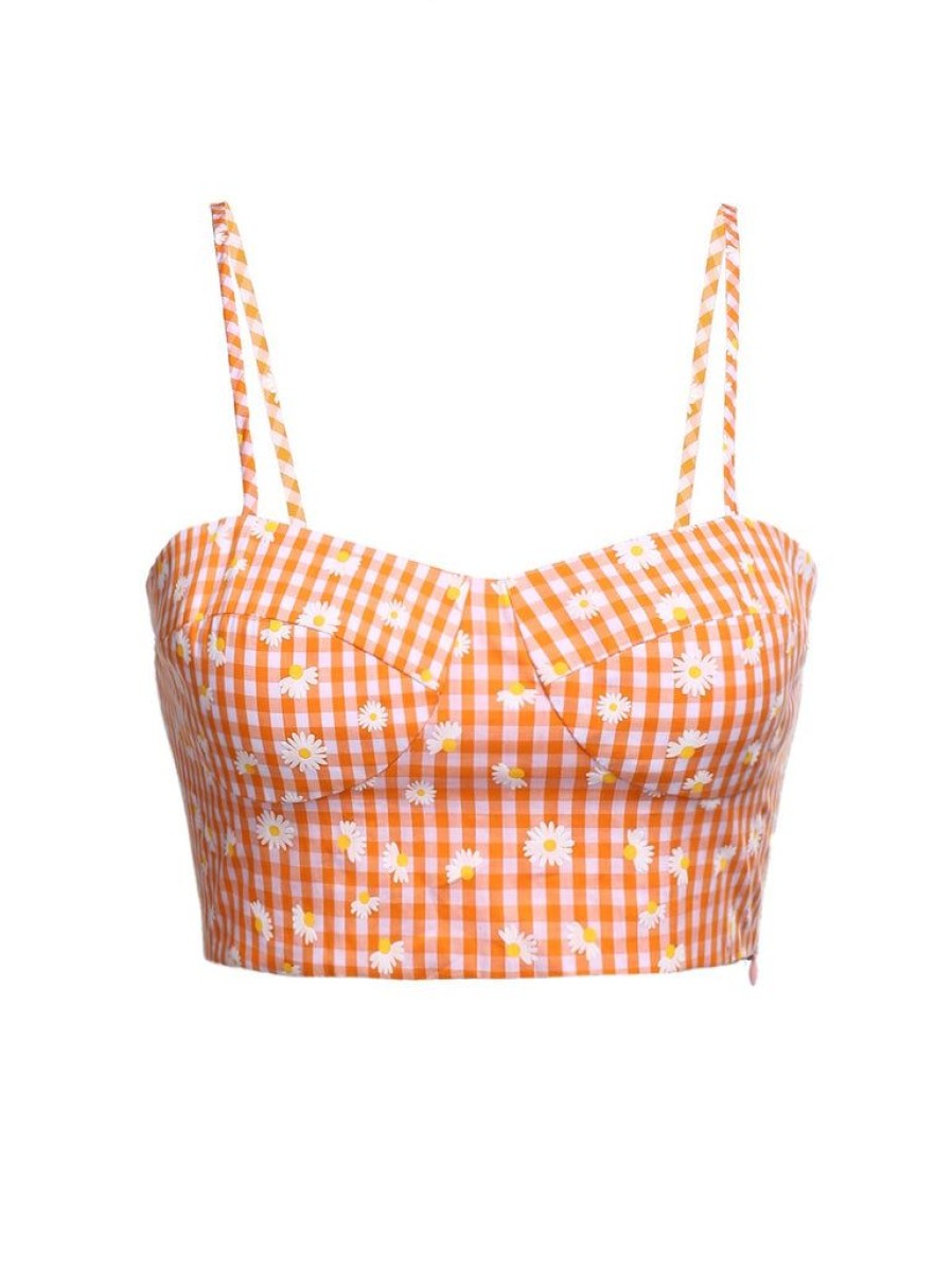 Clothing Retro Stage | 3Pcs 1950S Daisy Plaids Top & Skirt Orange