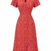 Clothing Retro Stage | 1930S Floral V-Neck Added Button Dress Red