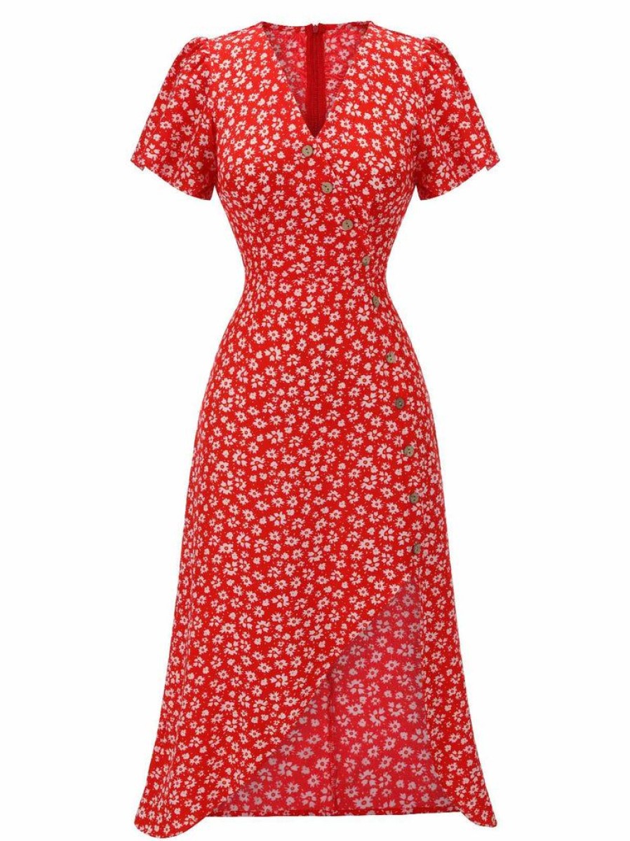 Clothing Retro Stage | 1930S Floral V-Neck Added Button Dress Red