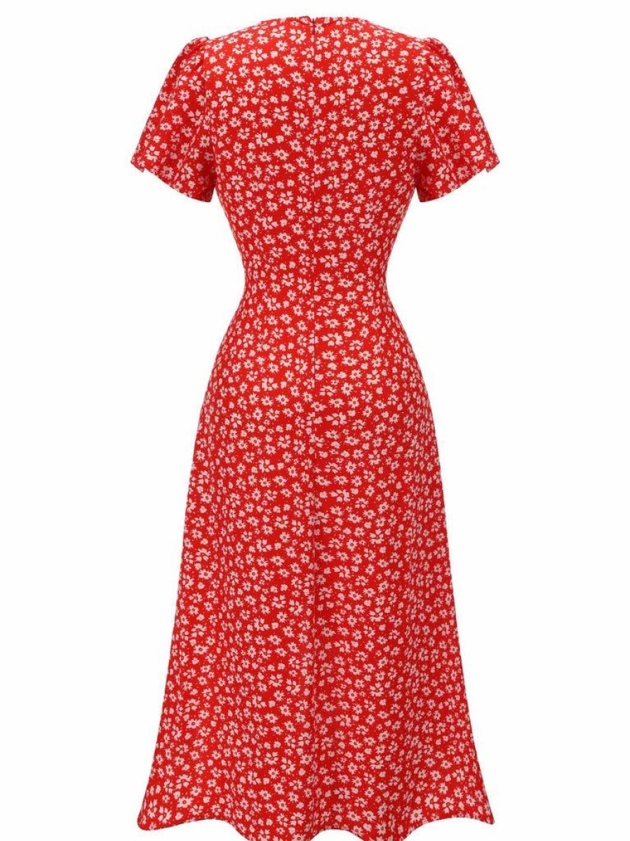 Clothing Retro Stage | 1930S Floral V-Neck Added Button Dress Red