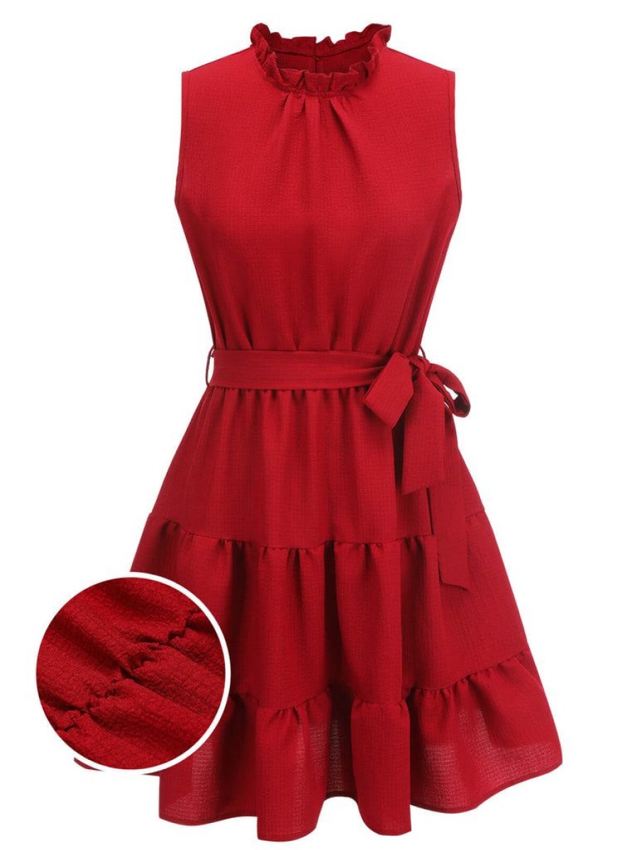 Clothing Retro Stage | 1950S Ruffles Sleeveless Dress With Belt Red