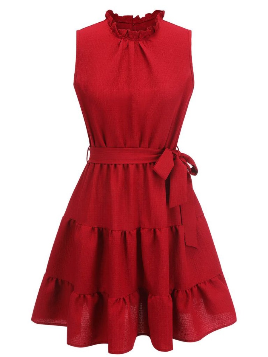 Clothing Retro Stage | 1950S Ruffles Sleeveless Dress With Belt Red