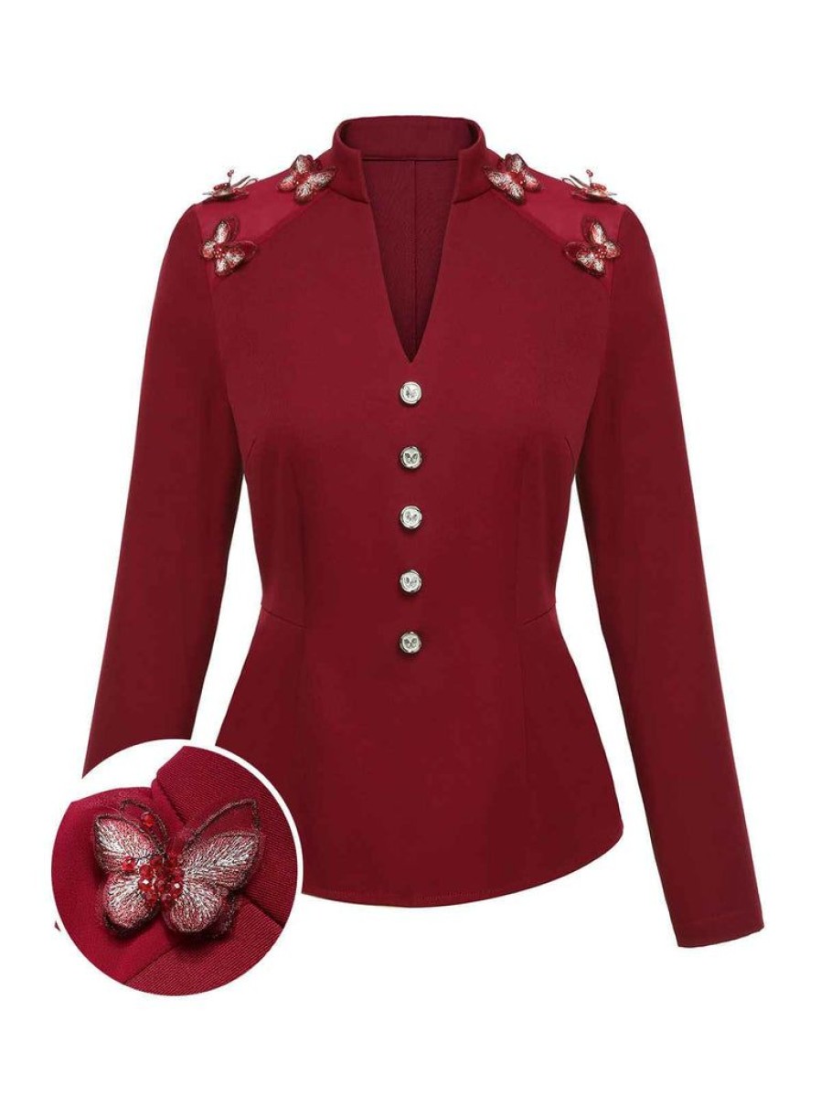 Clothing Retro Stage | [Pre-Sale] 1940S Stand Collar Butterflies Blouse Red