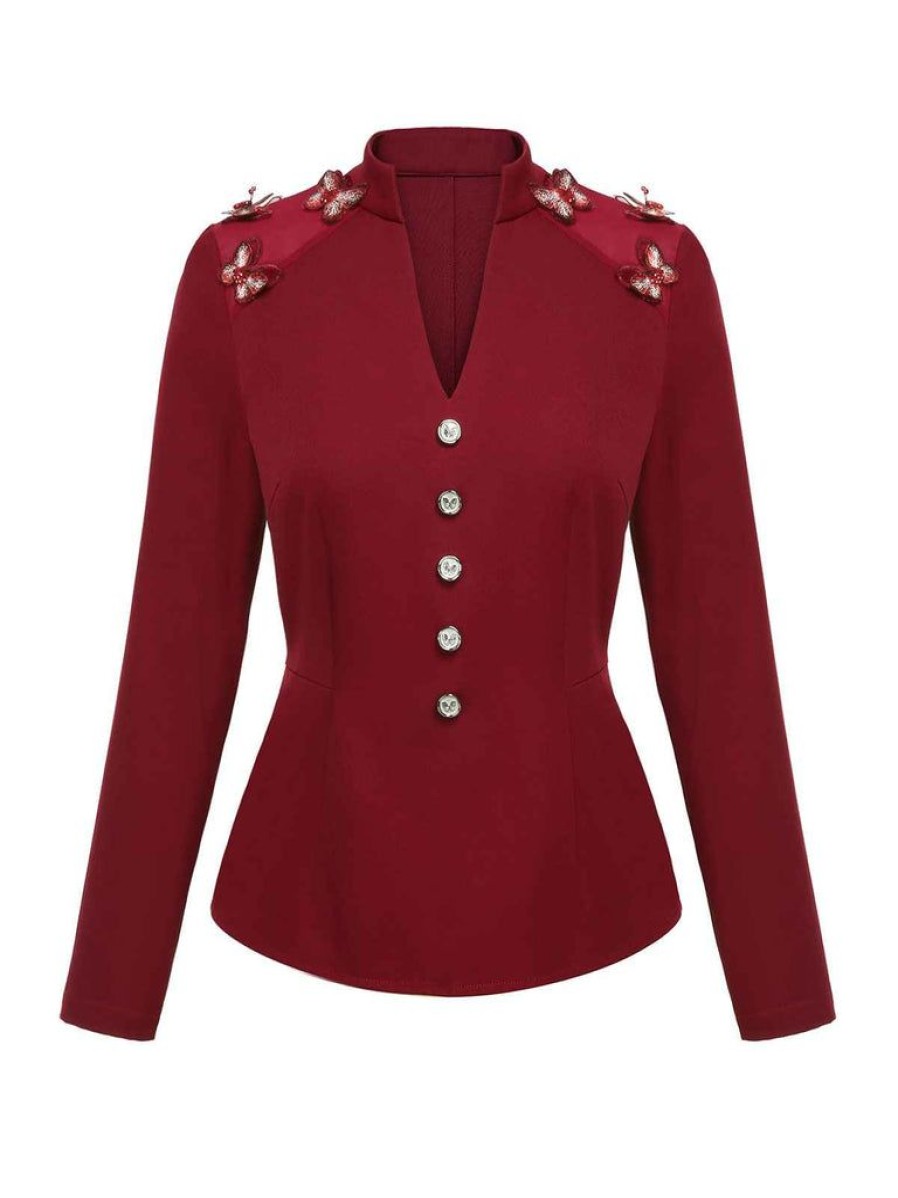 Clothing Retro Stage | [Pre-Sale] 1940S Stand Collar Butterflies Blouse Red