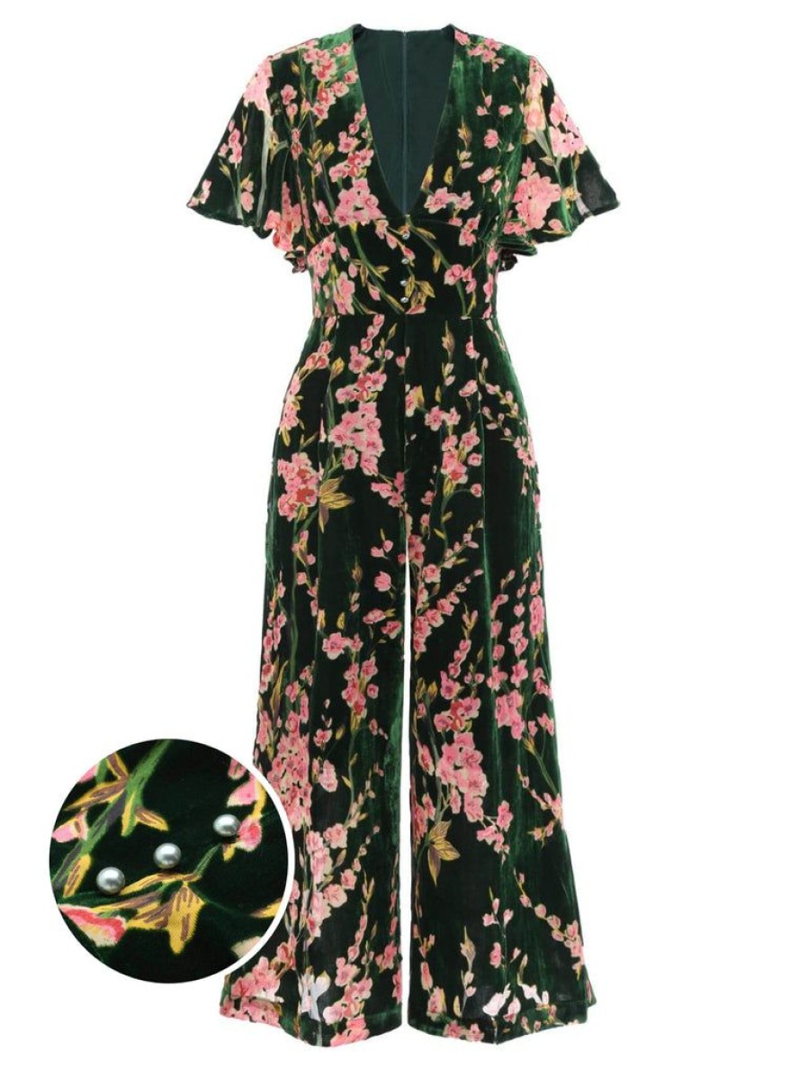 Clothing Retro Stage | 1930S Velvet Vintage Jumpsuit Green