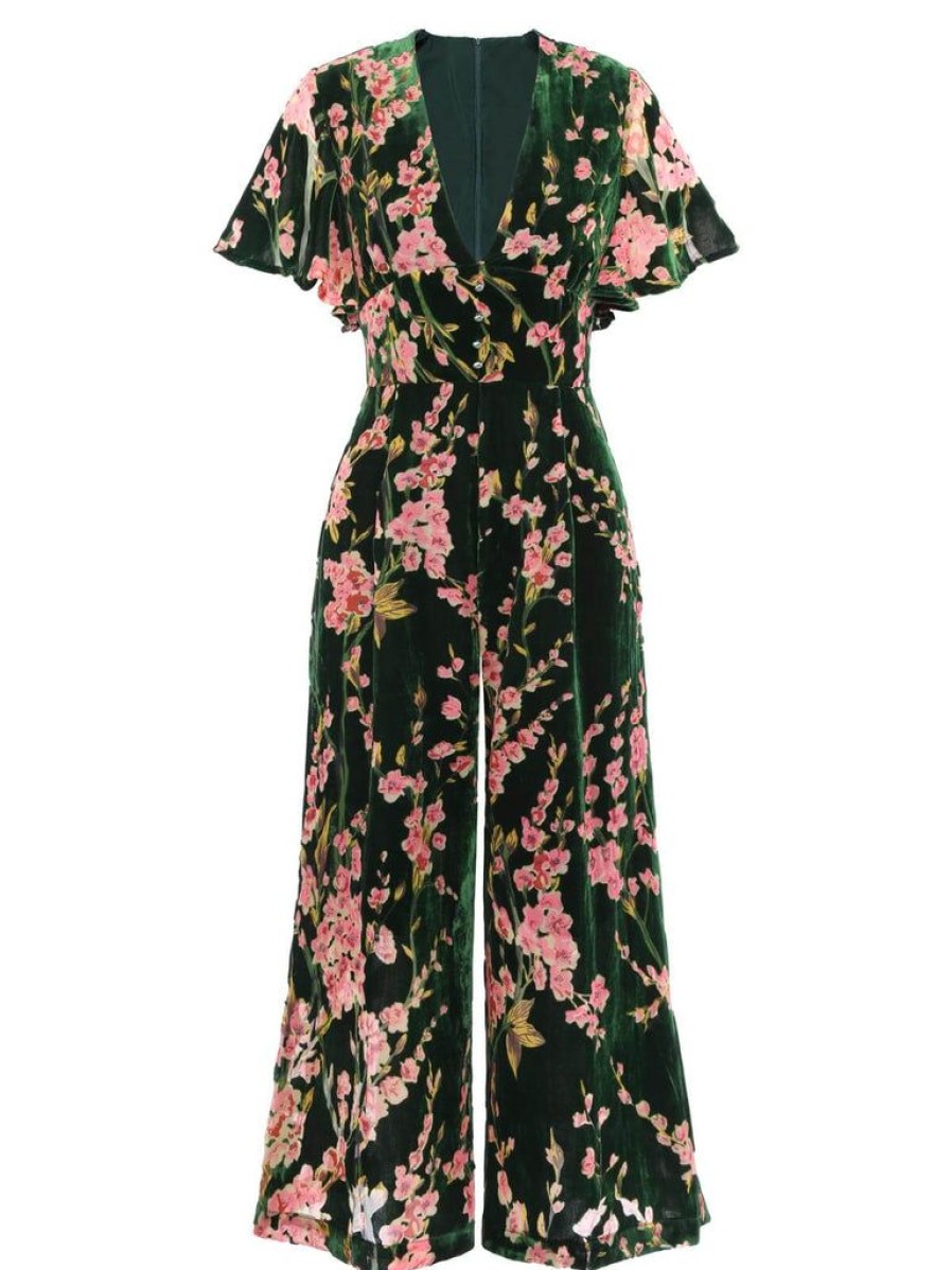 Clothing Retro Stage | 1930S Velvet Vintage Jumpsuit Green