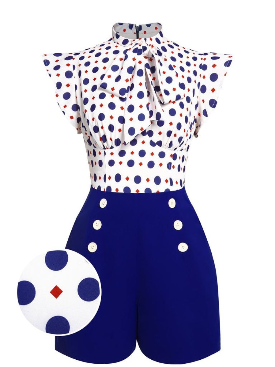 Clothing Retro Stage | 1950S Polka Dot Buttoned Romper Blue