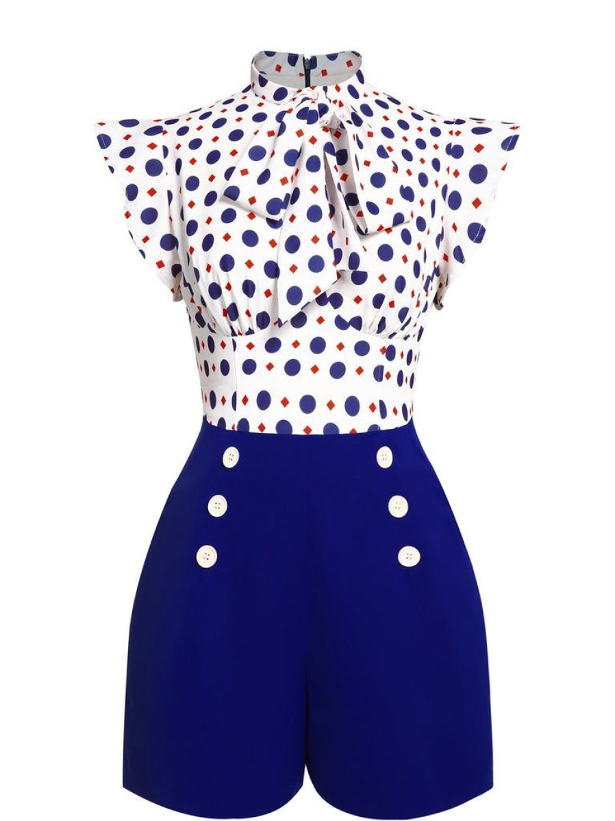 Clothing Retro Stage | 1950S Polka Dot Buttoned Romper Blue