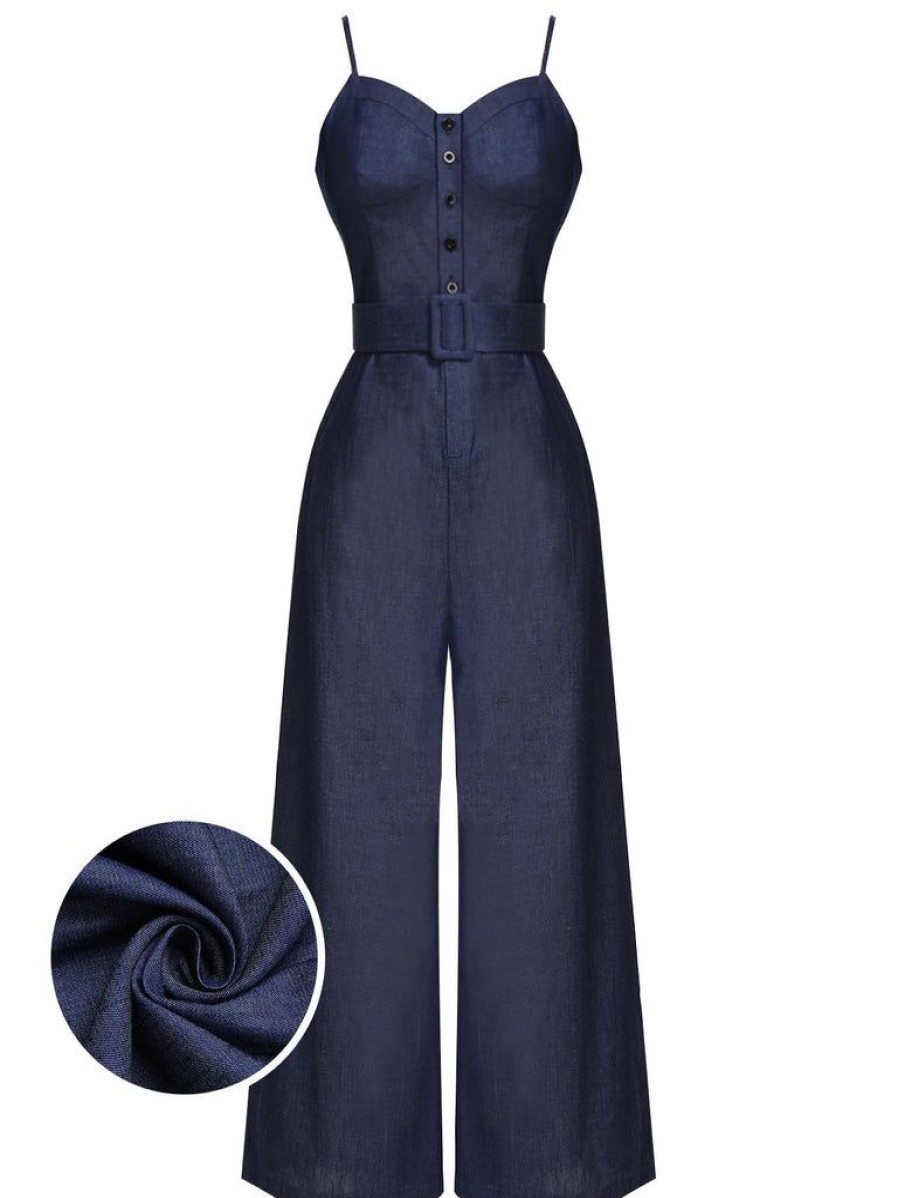 Clothing Retro Stage | 1930S Cowboy Solid Strap Jumpsuit Navy Blue