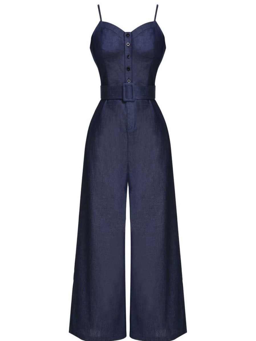 Clothing Retro Stage | 1930S Cowboy Solid Strap Jumpsuit Navy Blue