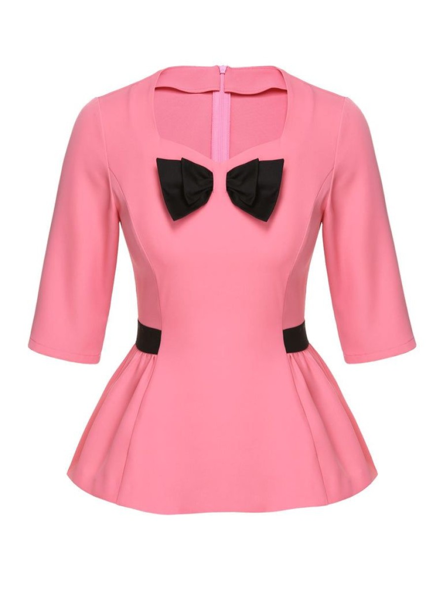 Clothing Retro Stage | [Pre-Sale] 1960S Bow Waist Patchwork Top Black & Pink