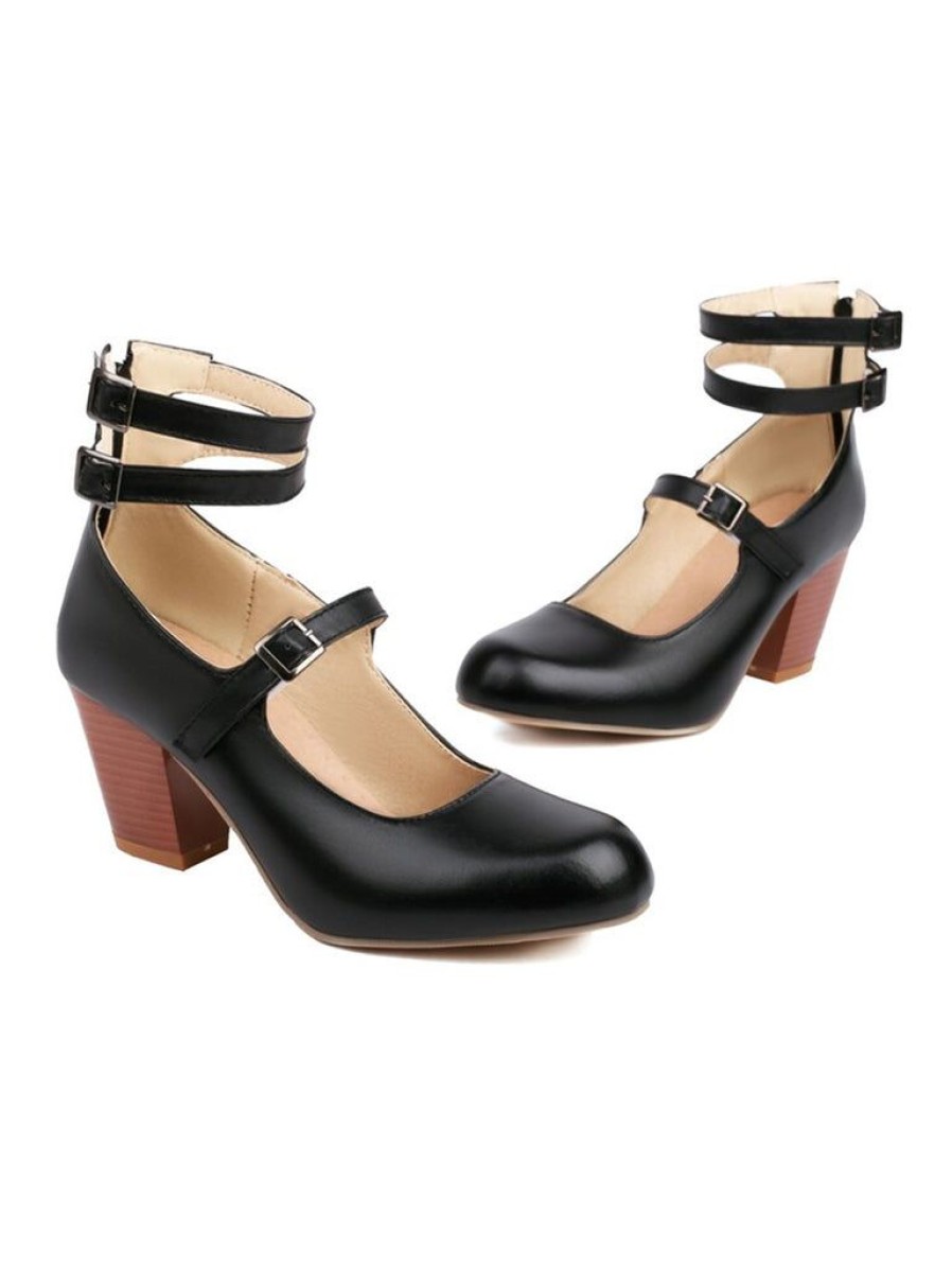 Shoes Retro Stage | Solid Round Toe Chunky High Heels