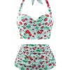 Clothing Retro Stage | Retro 1950S Cherry Summer Halter Swimsuit Light Green