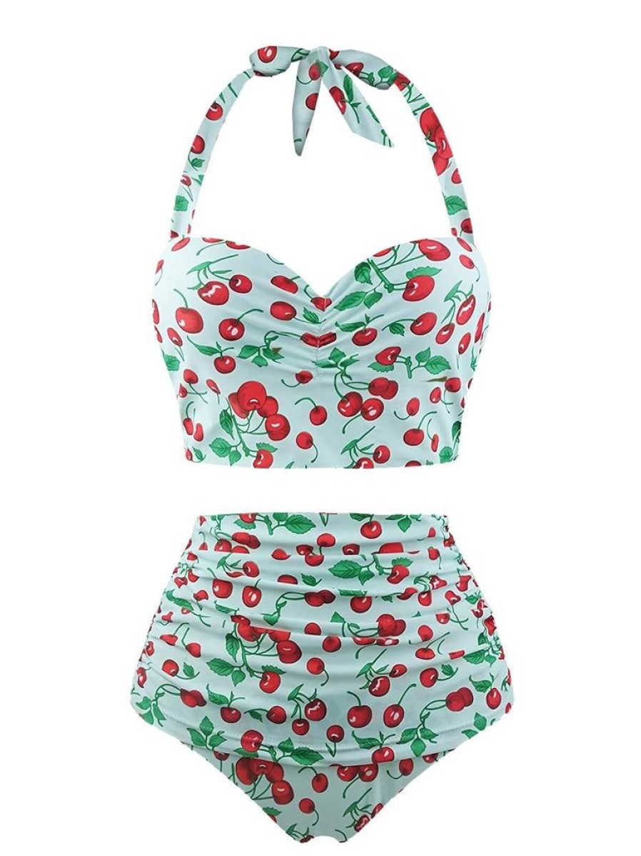 Clothing Retro Stage | Retro 1950S Cherry Summer Halter Swimsuit Light Green