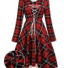 Clothing Retro Stage | 1950S Plaid Lace-Up Hooded Dress Red