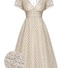 Clothing Retro Stage | 1950S Polka Dot V-Neck Dress Beige