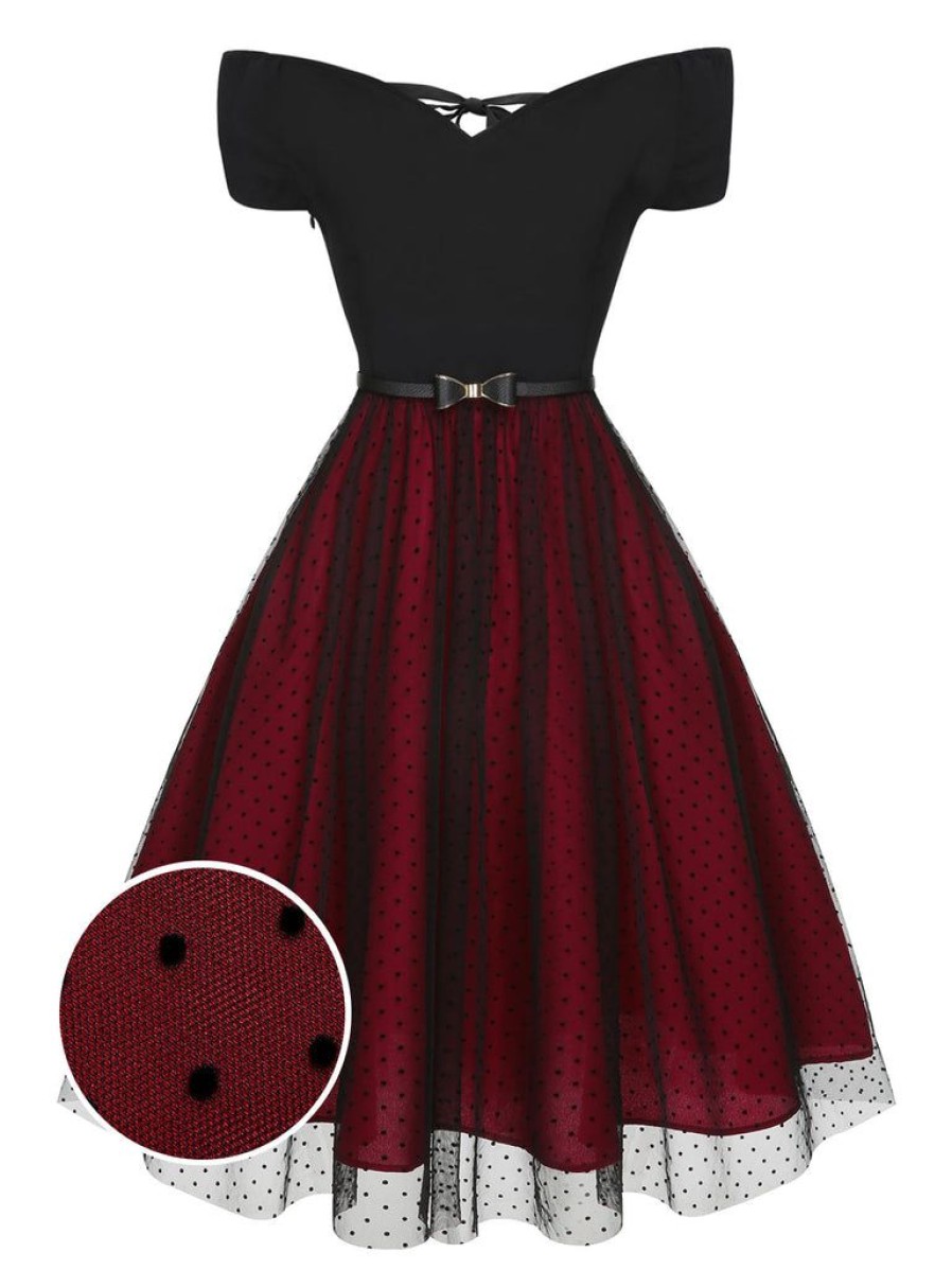 Clothing Retro Stage | [Pre-Sale] 1950S Polka Dots Drop Shoulder Belt Dress Wine Red