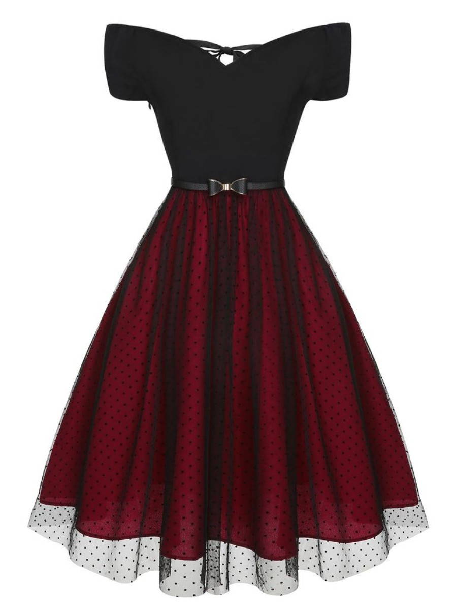 Clothing Retro Stage | [Pre-Sale] 1950S Polka Dots Drop Shoulder Belt Dress Wine Red