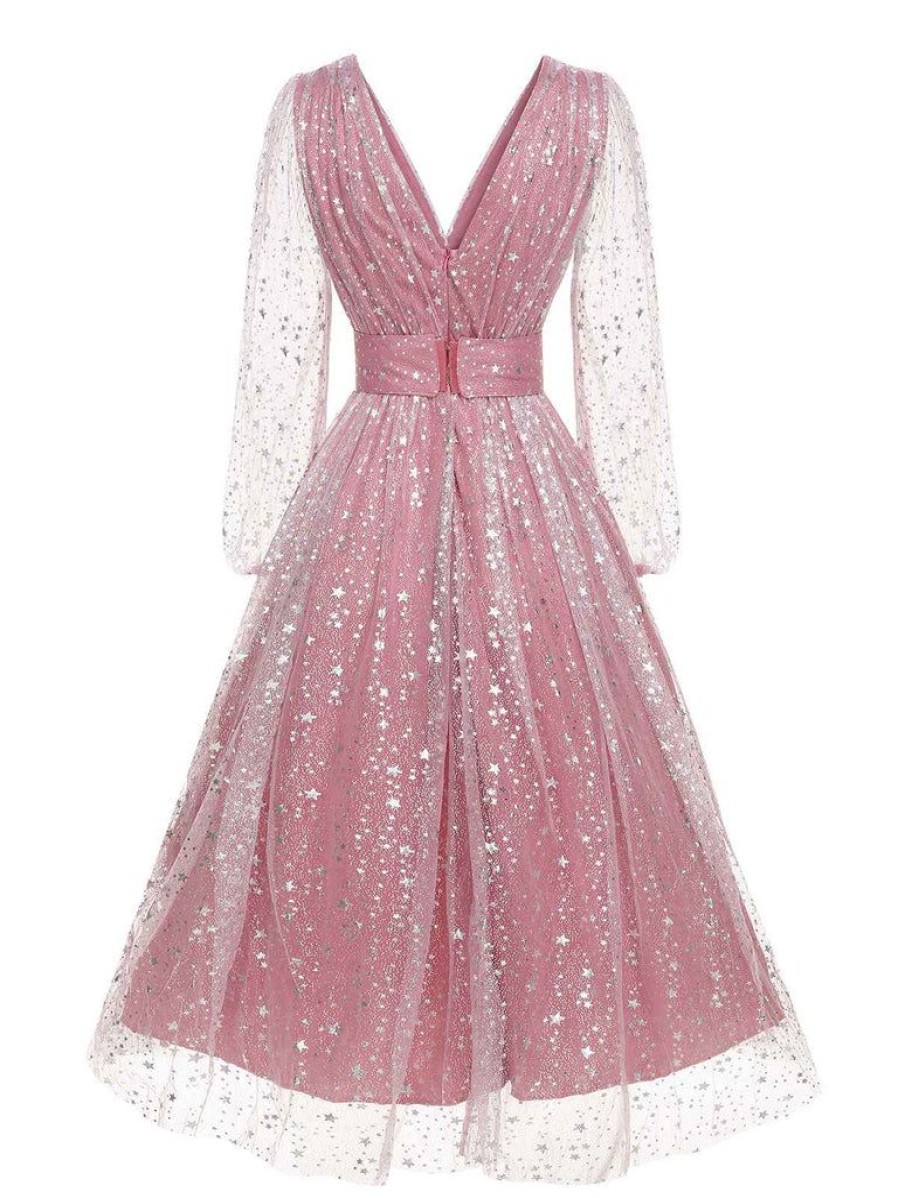 Clothing Retro Stage | 1950S V-Neck High-Waist Stars Mesh Belted Dress