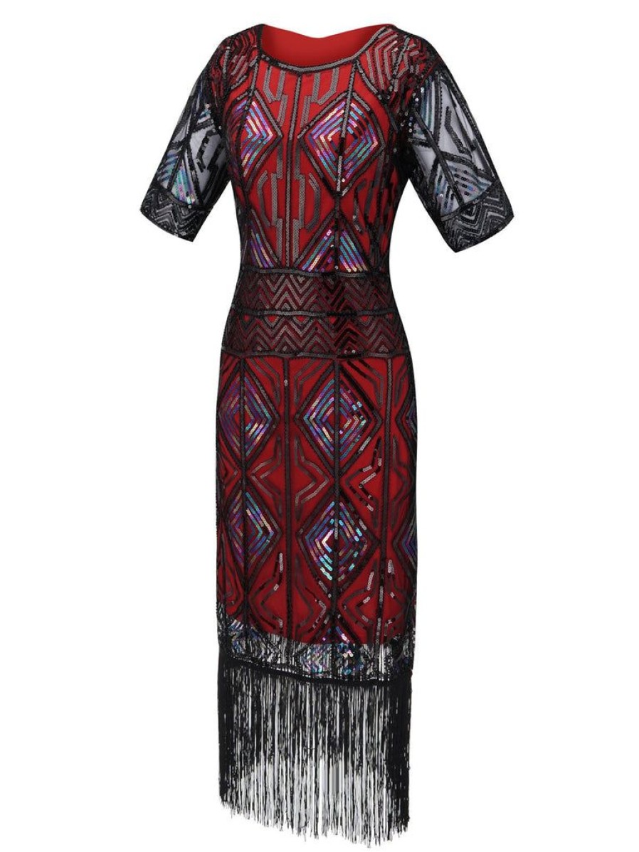 Clothing Retro Stage | 1920S Sequin Fringed Flapper Dress Wine Red