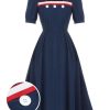 Clothing Retro Stage | 1930S Square Neck Button Puff Dress Dark Blue