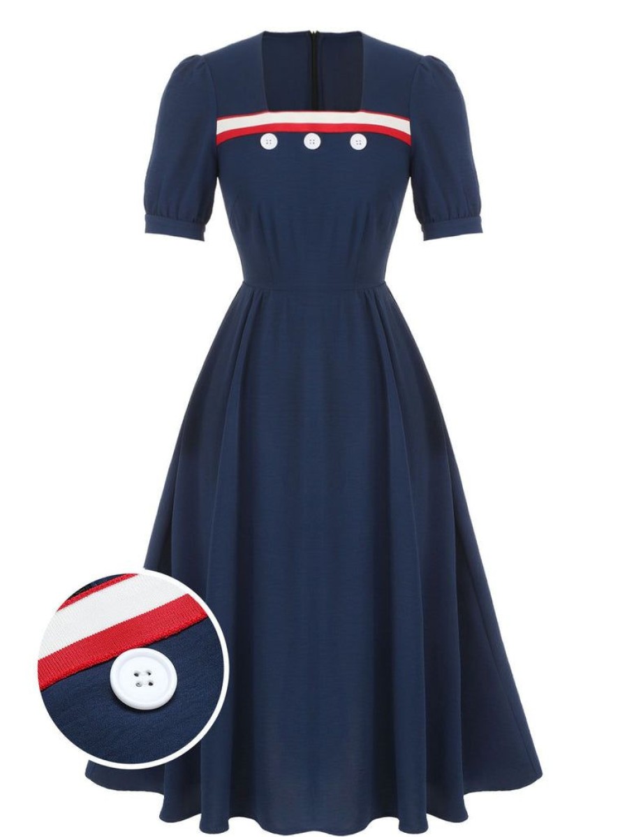 Clothing Retro Stage | 1930S Square Neck Button Puff Dress Dark Blue