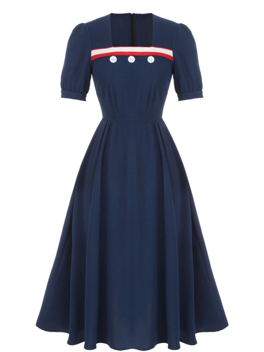 Clothing Retro Stage | 1930S Square Neck Button Puff Dress Dark Blue