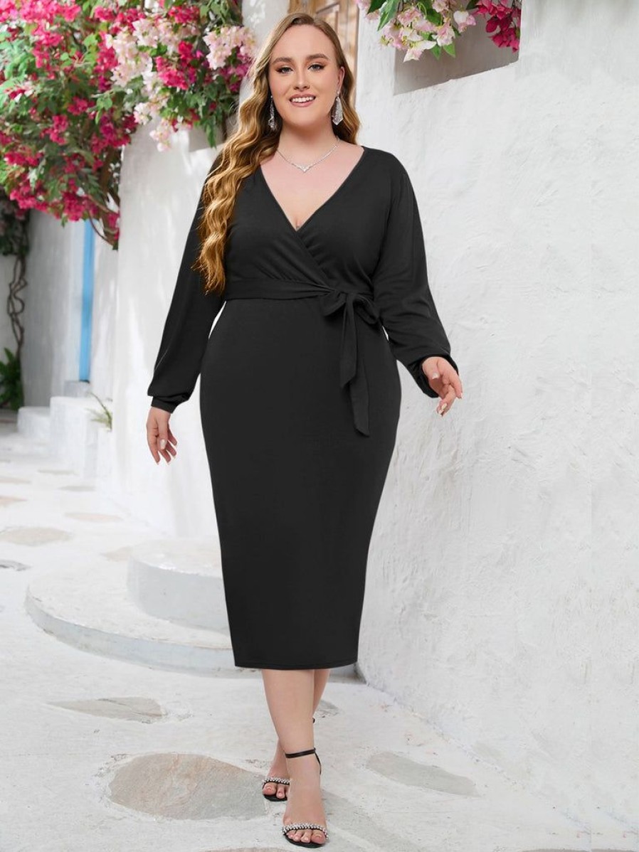 Clothing Retro Stage | [Plus Size] 1960S Solid Strappy Wrap Dress