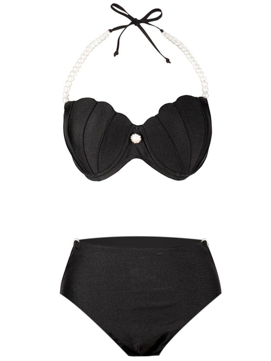 Clothing Retro Stage | 1960S Shell Pearl Halter Bikini Set Black