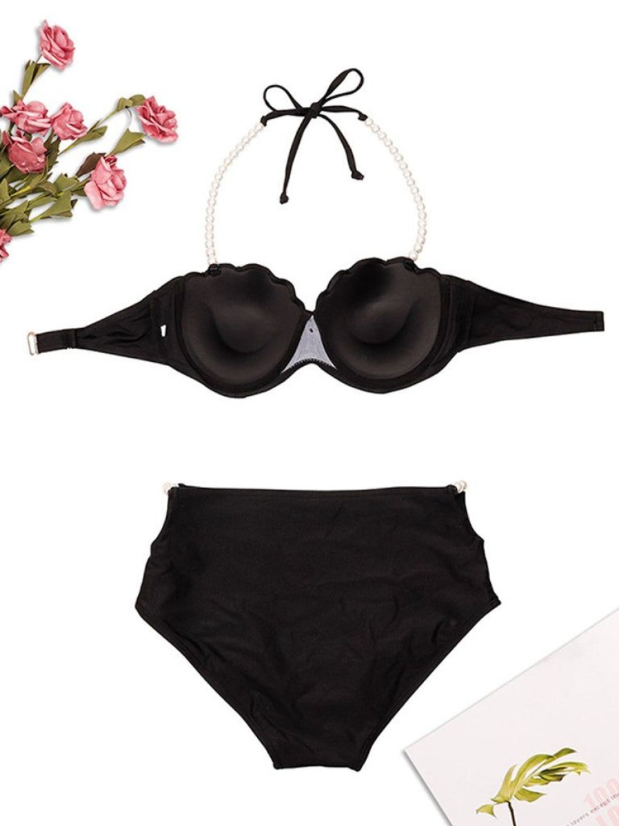 Clothing Retro Stage | 1960S Shell Pearl Halter Bikini Set Black