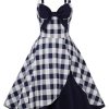 Clothing Retro Stage | 1950S Plaid Strap Swing Dress Navy Blue