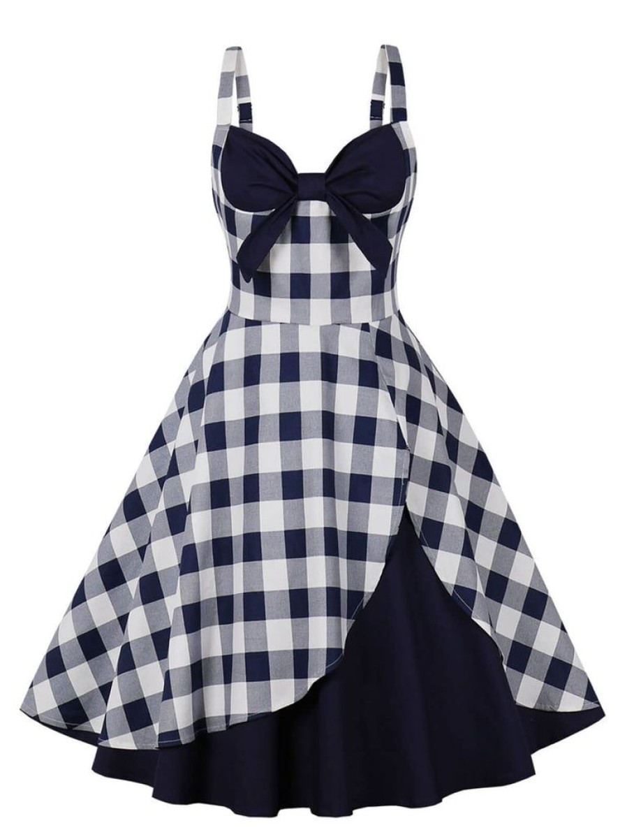 Clothing Retro Stage | 1950S Plaid Strap Swing Dress Navy Blue