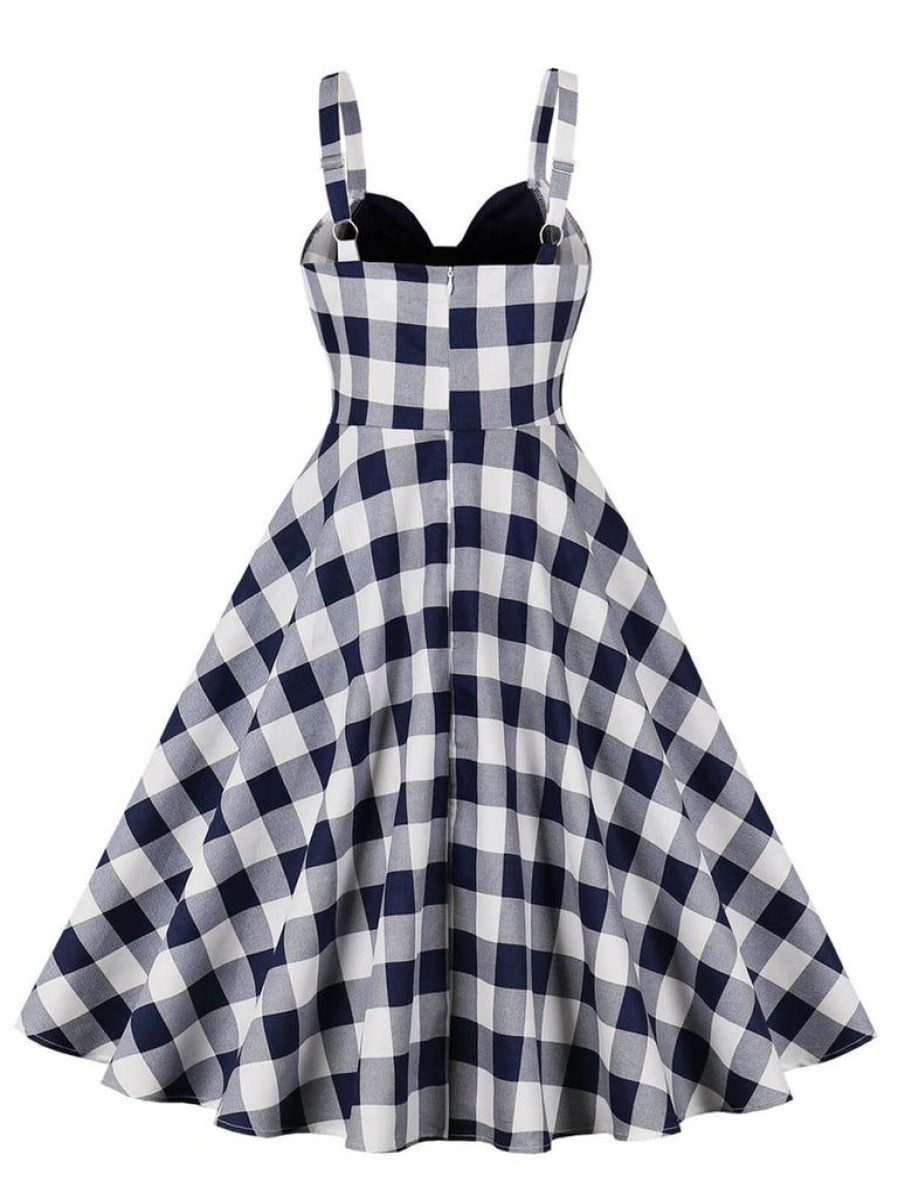 Clothing Retro Stage | 1950S Plaid Strap Swing Dress Navy Blue